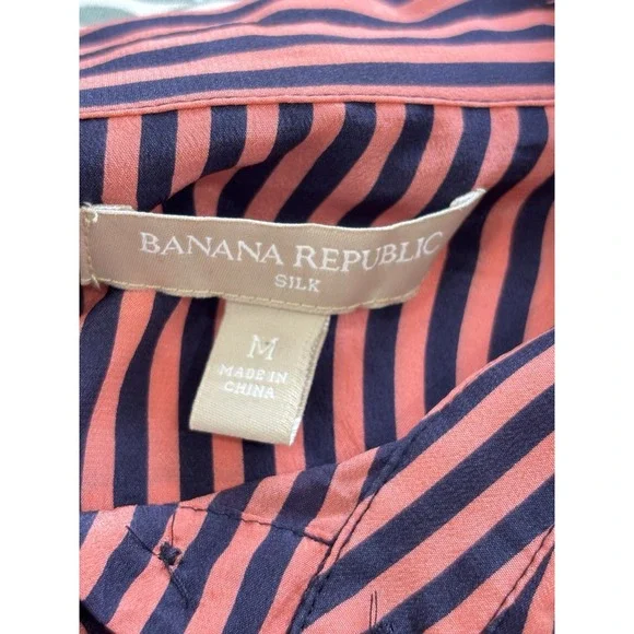 Banana Republic Womens 100% Silk Blouse Medium Pink Navy Striped Sheer - Picture 6 of 10